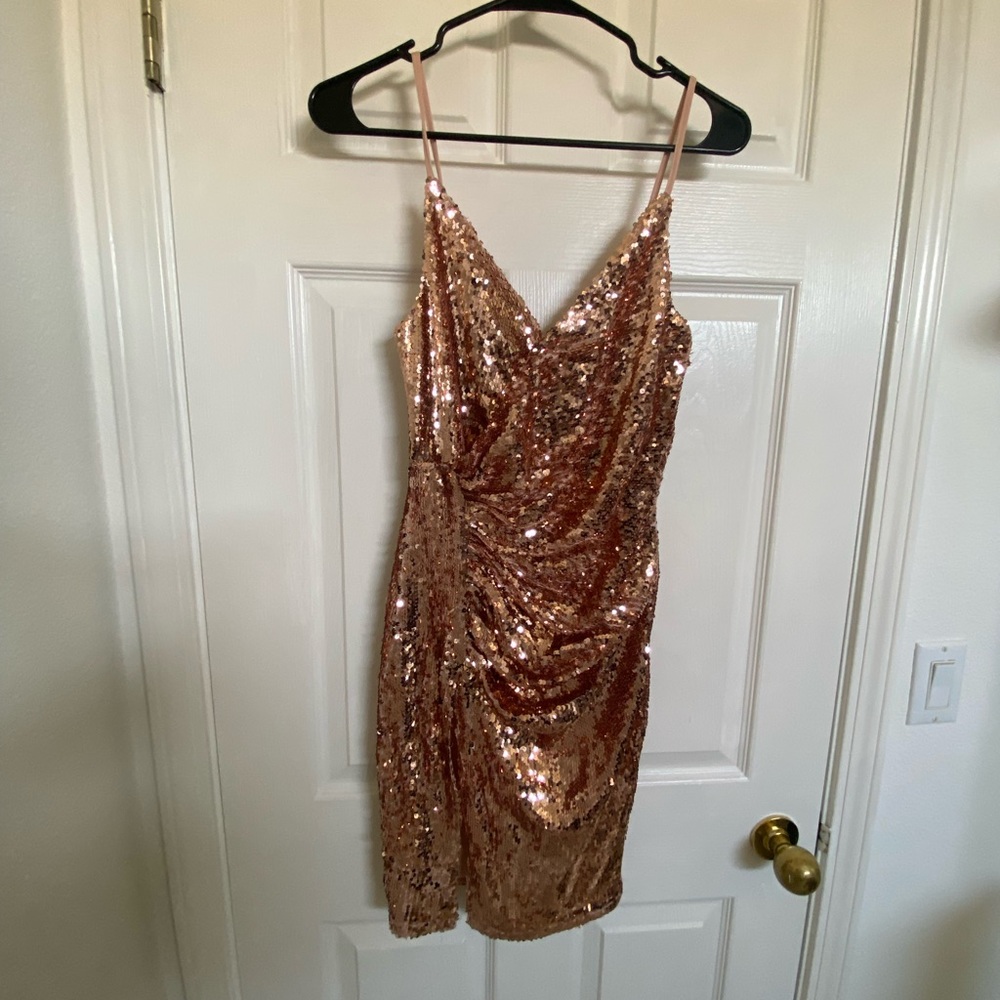 Hot Miami Styles Sequin Dress in Rose Gold, Size Small